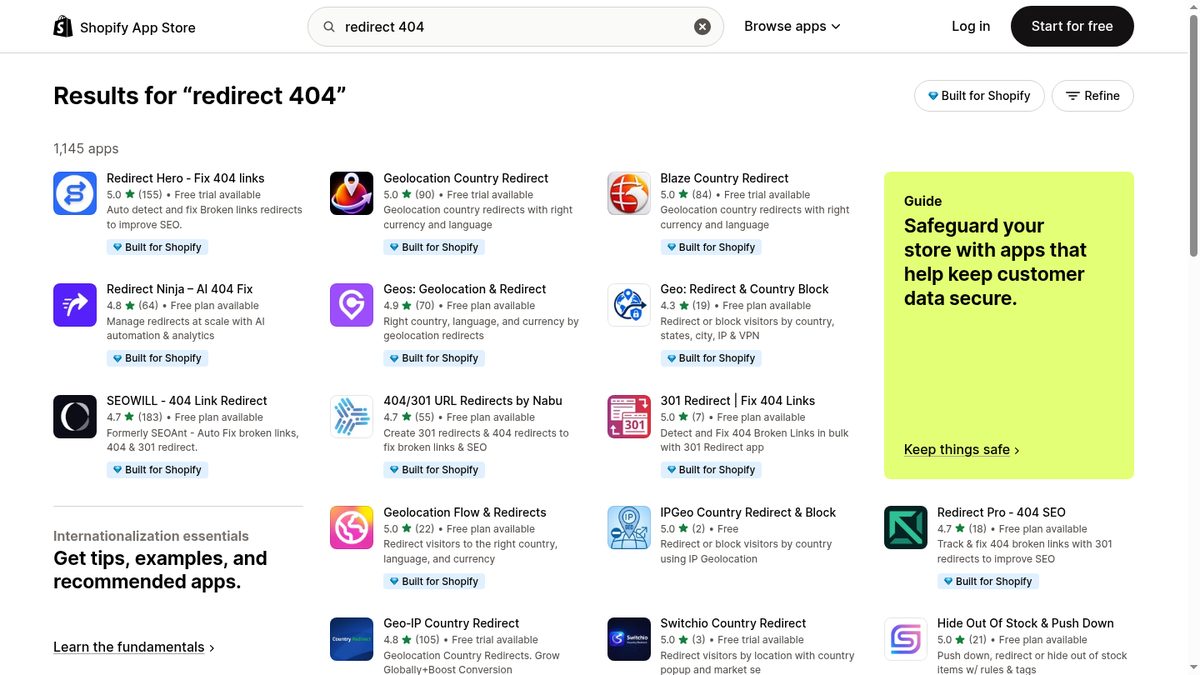Shopify App Store search for redirect 404 showing 1,145 results with 404 and geolocation apps mixed