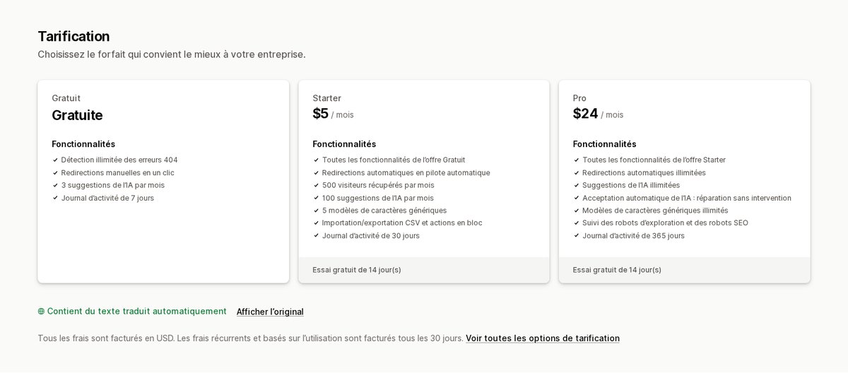 Fiche de Radar404 sur l'App Store Shopify, section tarifs