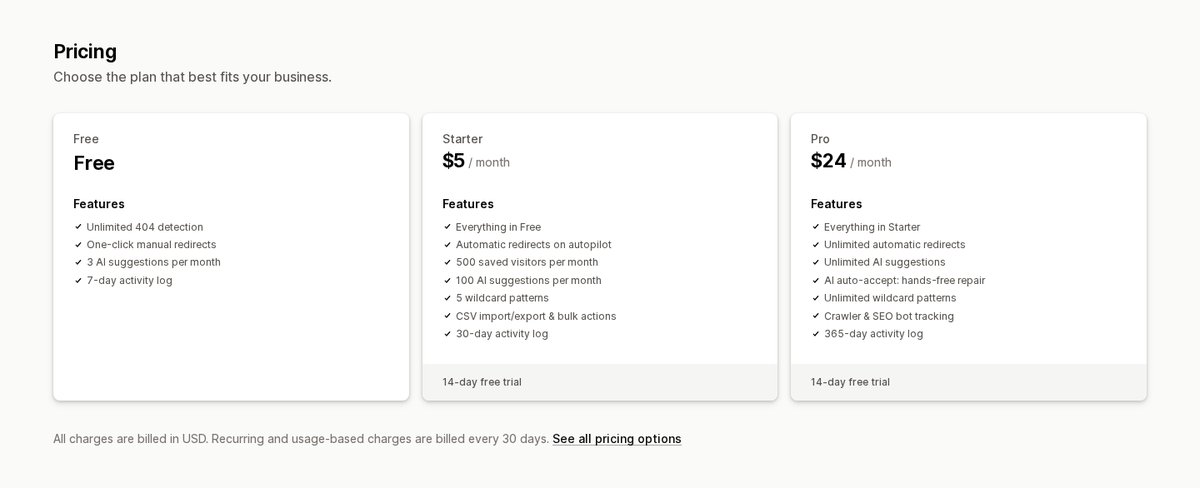 Radar404 listing on the Shopify App Store, pricing section