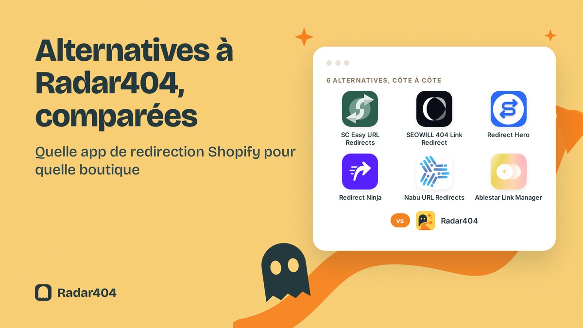 Couverture Radar404 : les icônes de six apps de redirection Shopify comparées côte à côte