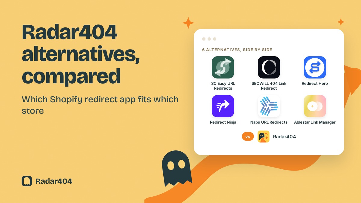 Radar404 cover: icons of six Shopify redirect apps compared side by side