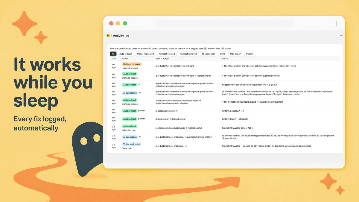 Radar404 activity log listing automatic redirects, AI suggestions and redirected visitors