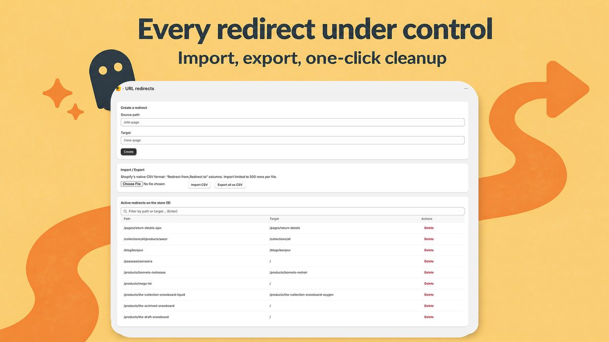 Radar404 URL redirects screen with an Import/Export block in Shopify's native CSV format above the list of active redirects