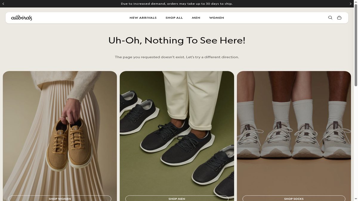 404 page of allbirds.com with the heading 'Uh-Oh, Nothing To See Here!' and three tiles: Shop Women, Shop Men, Shop Socks
