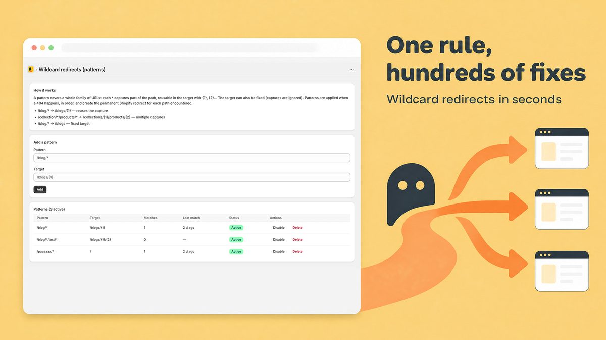 Radar404 wildcard patterns screen with a rule sending /blog/* to /blogs/{1}