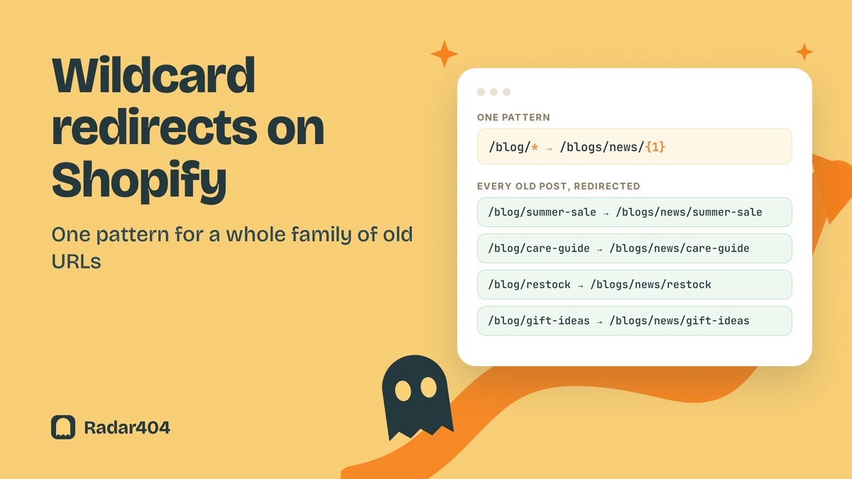 Radar404 cover: one /blog/* pattern redirecting four old blog URLs to /blogs/news/